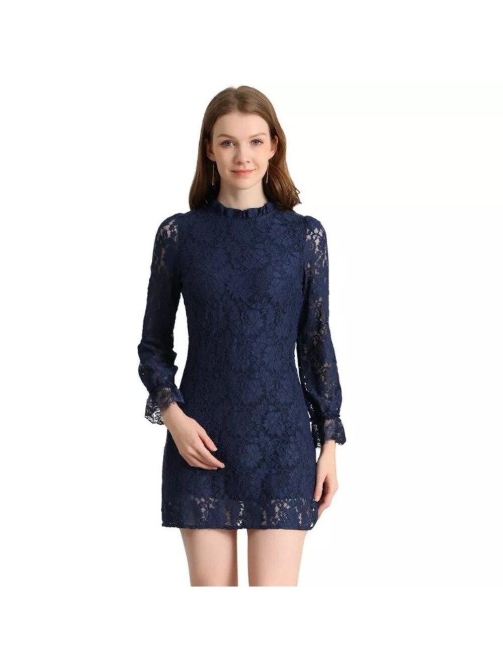 Allegra K Elegant Ruffle Trim Blue Floral Lace Mini Formal Dress -- Medium 8/10